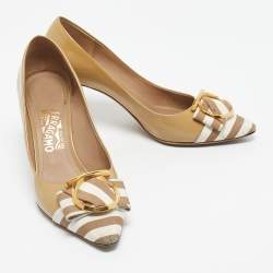 Pre Owned Salvatore Ferragamo Beige Grosgrain and Patent Leather Ezia Pumps Size 39.5