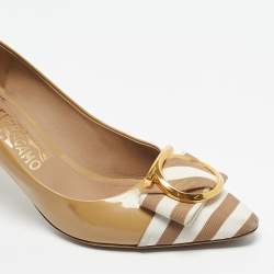 Pre Owned Salvatore Ferragamo Beige Grosgrain and Patent Leather Ezia Pumps Size 39.5