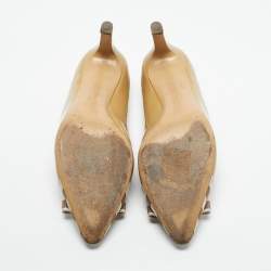 Pre Owned Salvatore Ferragamo Beige Grosgrain and Patent Leather Ezia Pumps Size 39.5