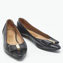 Pre Owned Salvatore Ferragamo Black Leather Vara Bow Ballet Flats Size 37.5