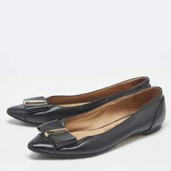 Pre Owned Salvatore Ferragamo Black Leather Vara Bow Ballet Flats Size 37.5