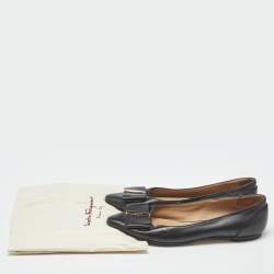 Pre Owned Salvatore Ferragamo Black Leather Vara Bow Ballet Flats Size 37.5