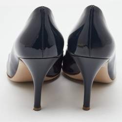 Pre Owned Salvatore Ferragamo Blue Patent Leather Vara Bow Pumps Size 38.5