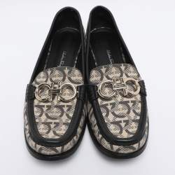 Pre Owned Salvatore Ferragamo Beige/Black Canvas and Leather Gancini Loafers Size 41