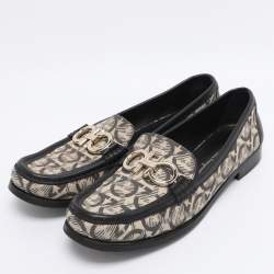 Pre Owned Salvatore Ferragamo Beige/Black Canvas and Leather Gancini Loafers Size 41