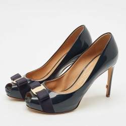 Pre Owned Salvatore Ferragamo Navy Blue Patent Leather Pimpa Platform Pumps Size 38