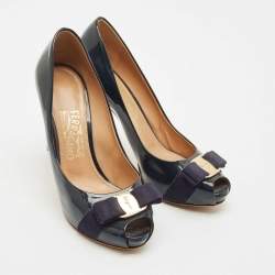Pre Owned Salvatore Ferragamo Navy Blue Patent Leather Pimpa Platform Pumps Size 38