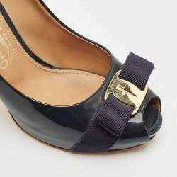 Pre Owned Salvatore Ferragamo Navy Blue Patent Leather Pimpa Platform Pumps Size 38