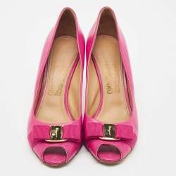 Pre Owned Salvatore Ferragamo Pink Leather Vara Bow Peep Toe Pumps Size 40.5
