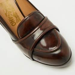 Pre Owned Salvatore Ferragamo Dark Brown Leather Loafer Platform Pumps Size 36.5