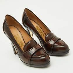 Pre Owned Salvatore Ferragamo Dark Brown Leather Loafer Platform Pumps Size 36.5