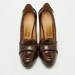 Pre Owned Salvatore Ferragamo Dark Brown Leather Loafer Platform Pumps Size 36.5