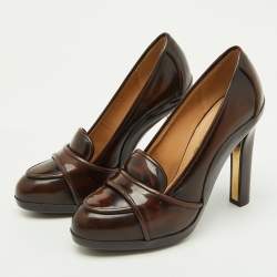 Pre Owned Salvatore Ferragamo Dark Brown Leather Loafer Platform Pumps Size 36.5