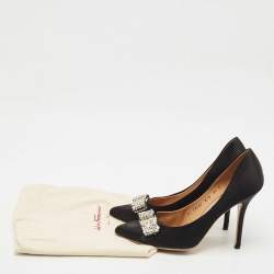 Pre Owned Salvatore Ferragamo Black Satin Crystal Embellished Vara Bow Pumps Size 40