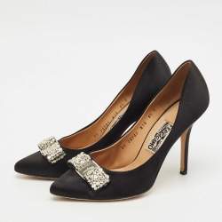 Pre Owned Salvatore Ferragamo Black Satin Crystal Embellished Vara Bow Pumps Size 40