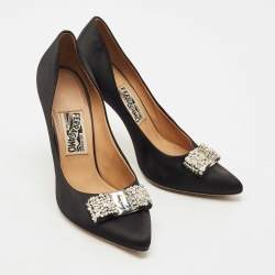 Pre Owned Salvatore Ferragamo Black Satin Crystal Embellished Vara Bow Pumps Size 40