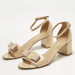 Pre Owned Salvatore Ferragamo Beige  Patent Leather Gavina Ankle Strap Sandals Size 37