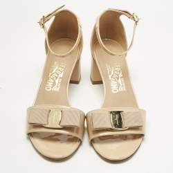 Pre Owned Salvatore Ferragamo Beige  Patent Leather Gavina Ankle Strap Sandals Size 37