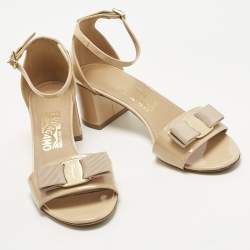 Pre Owned Salvatore Ferragamo Beige  Patent Leather Gavina Ankle Strap Sandals Size 37