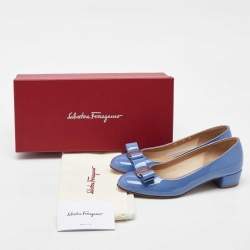 Pre Owned Salvatore Ferragamo Light Blue Patent Leather Vara Bow Pumps Size 36.5