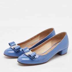 Pre Owned Salvatore Ferragamo Light Blue Patent Leather Vara Bow Pumps Size 36.5