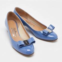 Pre Owned Salvatore Ferragamo Light Blue Patent Leather Vara Bow Pumps Size 36.5