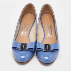 Pre Owned Salvatore Ferragamo Light Blue Patent Leather Vara Bow Pumps Size 36.5