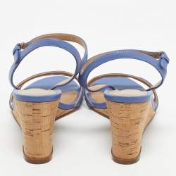 Pre Owned Salvatore Ferragamo Blue Leather Fieri Cork Wedge Sandals Size 38