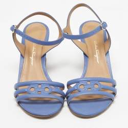 Pre Owned Salvatore Ferragamo Blue Leather Fieri Cork Wedge Sandals Size 38