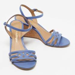 Pre Owned Salvatore Ferragamo Blue Leather Fieri Cork Wedge Sandals Size 38