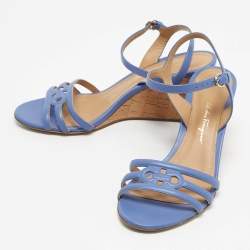 Pre Owned Salvatore Ferragamo Blue Leather Fieri Cork Wedge Sandals Size 38