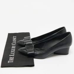 Pre Owned Salvatore Ferragamo Black Leather viva bow Block Heel Pumps Size 37.5