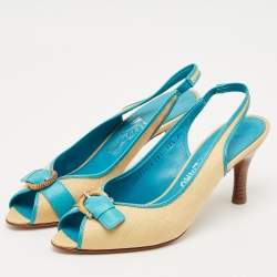 Pre Owned Salvatore Ferragamo Blue/Cream Leather and Raffia Anah Slingback Pumps Size 41