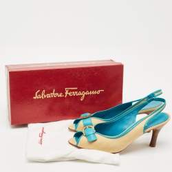 Pre Owned Salvatore Ferragamo Blue/Cream Leather and Raffia Anah Slingback Pumps Size 41