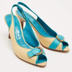 Pre Owned Salvatore Ferragamo Blue/Cream Leather and Raffia Anah Slingback Pumps Size 41