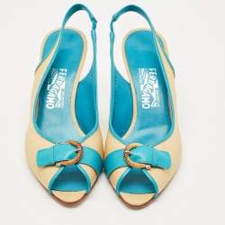 Pre Owned Salvatore Ferragamo Blue/Cream Leather and Raffia Anah Slingback Pumps Size 41