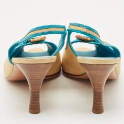 Pre Owned Salvatore Ferragamo Blue/Cream Leather and Raffia Anah Slingback Pumps Size 41
