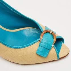 Pre Owned Salvatore Ferragamo Blue/Cream Leather and Raffia Anah Slingback Pumps Size 41