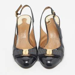 Pre Owned Salvatore Ferragamo Grey Patent Leather Vara Bow Slingback Pumps Size 38