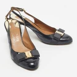 Pre Owned Salvatore Ferragamo Grey Patent Leather Vara Bow Slingback Pumps Size 38