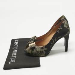 Pre Owned Salvatore Ferragamo Gold/Black Lace and Satin Talia Peep Toe Pumps Size 36.5