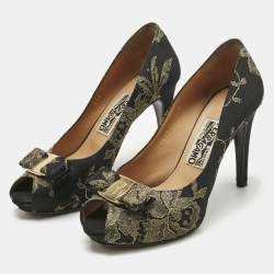 Pre Owned Salvatore Ferragamo Gold/Black Lace and Satin Talia Peep Toe Pumps Size 36.5
