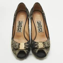 Pre Owned Salvatore Ferragamo Gold/Black Lace and Satin Talia Peep Toe Pumps Size 36.5