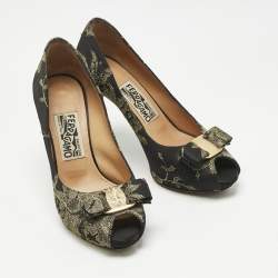 Pre Owned Salvatore Ferragamo Gold/Black Lace and Satin Talia Peep Toe Pumps Size 36.5