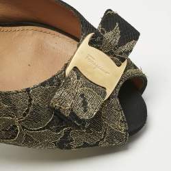 Pre Owned Salvatore Ferragamo Gold/Black Lace and Satin Talia Peep Toe Pumps Size 36.5