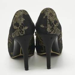 Pre Owned Salvatore Ferragamo Gold/Black Lace and Satin Talia Peep Toe Pumps Size 36.5