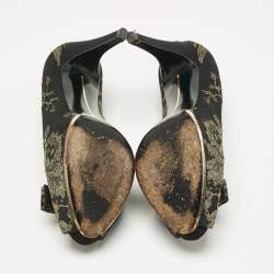 Pre Owned Salvatore Ferragamo Gold/Black Lace and Satin Talia Peep Toe Pumps Size 36.5