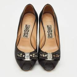 Pre Owned Salvatore Ferragamo Black Satin  Vara Bow Peep Toe Pumps Size 36.5