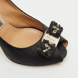 Pre Owned Salvatore Ferragamo Black Satin  Vara Bow Peep Toe Pumps Size 36.5