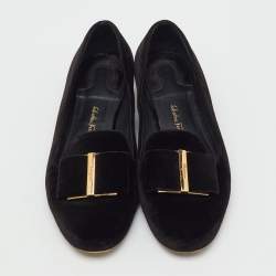 Pre Owned Salvatore Ferragamo Black Velvet Bow Sarno Flower Heel Loafers Size 36